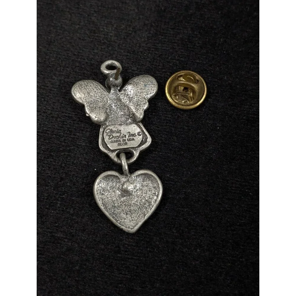 Vtg Gloria Duchin Pewter Angel Courage Charm Brooch Pin Pink Birhtstone‎
